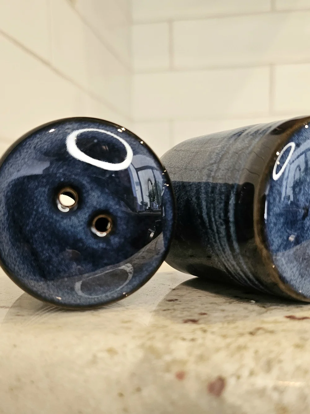 Set Of Dark Blue Glazed Ceramic Salt And Pepper THL Blue Drip Glaze Farmhouse